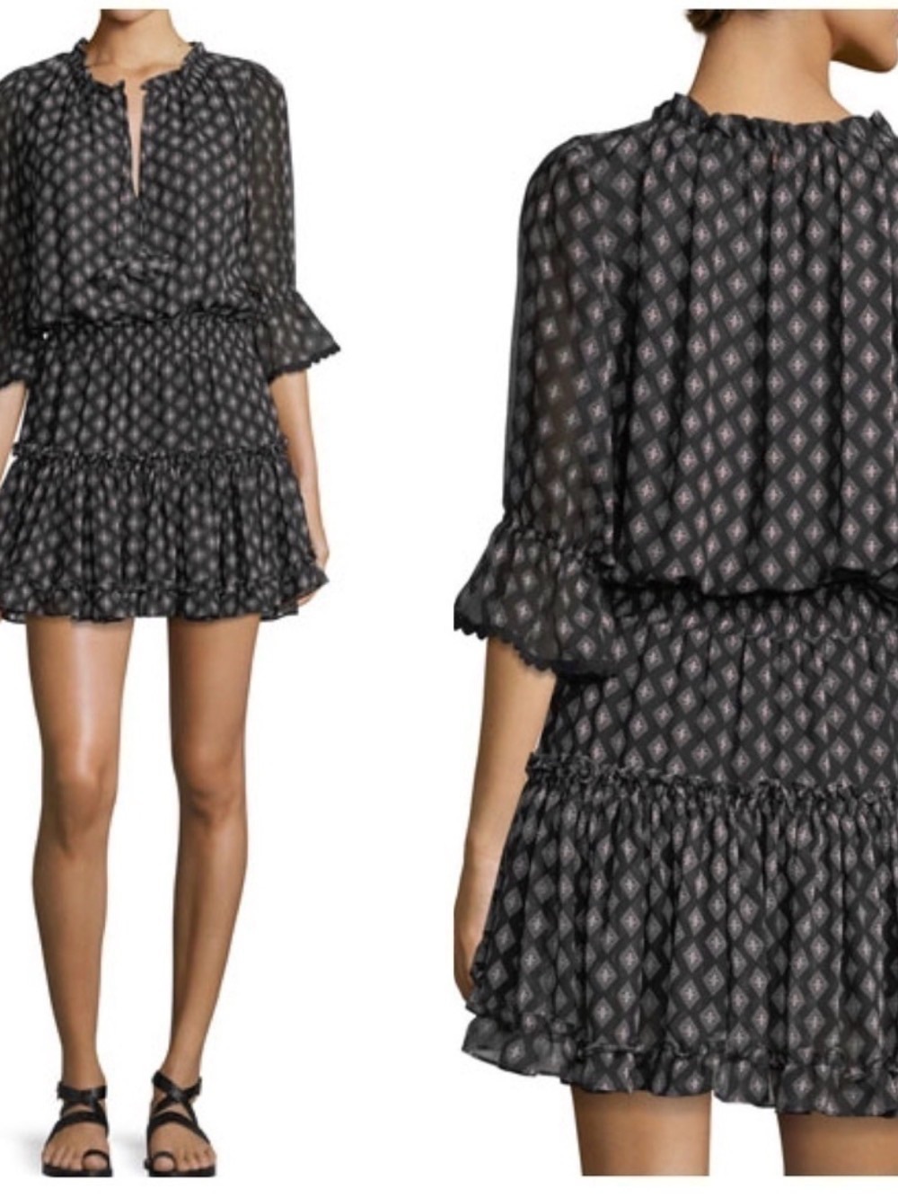 Misa Los Angeles Black Diamond-Print Ruffled Nightgown